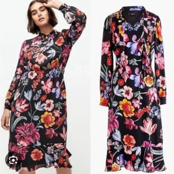 J.CREW | TIE-NECK MIDI DRESS IN MIDNIGHT FLORAL SIZE 0 - Picture 2 of 9